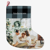 写真モダンと名前の付いた青い格子模様 | ラージクリスマスストッキング (正面)