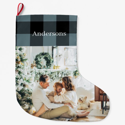 写真モダンと名前の付いた青い格子模様 | ラージクリスマスストッキング (正面)