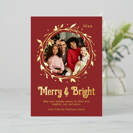 写真モダンと明メリーるいスクリプトのリース 箔シーズンカード (立ち正面)