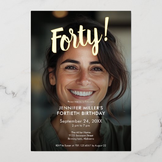 写真モダンと金箔40歳の誕生日 箔招待状 (正面)