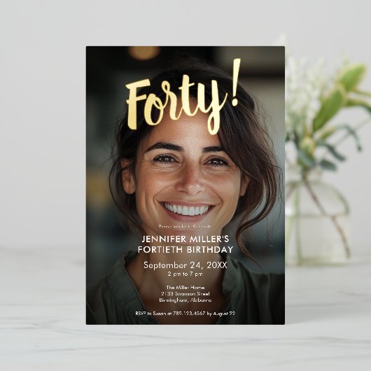 写真モダンと金箔40歳の誕生日 箔招待状 (立ち正面)