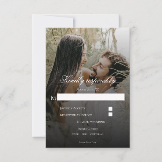 写真モダンと黒のオーバーレイ結婚式RSVPカード 出欠カード (正面)