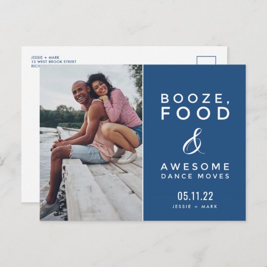 写真モダンのおもしろい結婚式で日付を保存 案内ポストカード (正面/裏面)