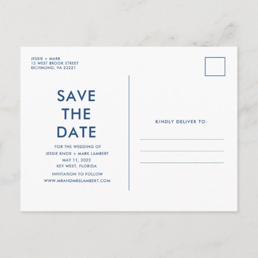 写真モダンのおもしろい結婚式で日付を保存 案内ポストカード (裏面)