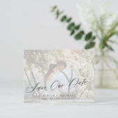 写真モダンのシンプルエレガントな結婚式は日付を保存 ポストカード (スタンド正面)