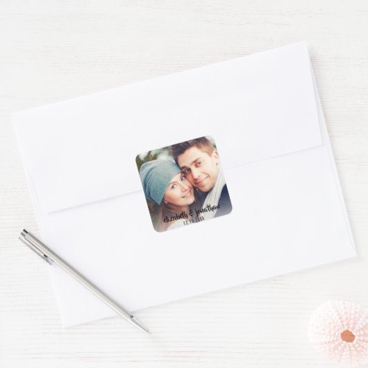 写真モダンのシンプル保存日付結婚の スクエアシール (封筒)