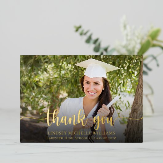 写真モダンの卒業サンキューカード 箔招待状 (立ち正面)