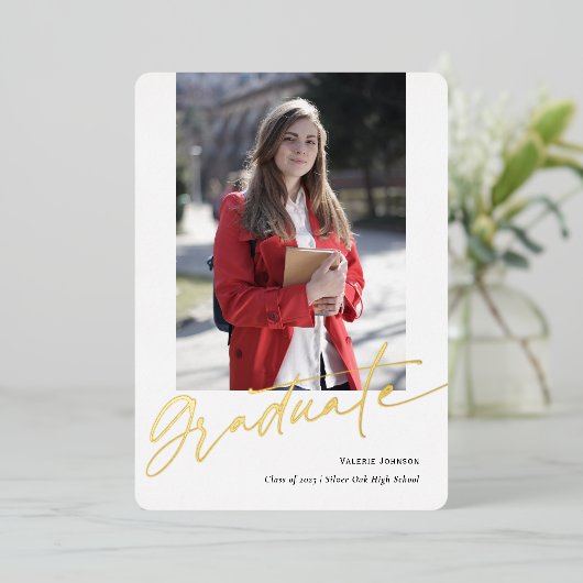 写真モダンの卒業発表 箔シーズンカード (立ち正面)