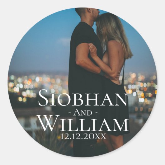 写真モダンの日付を保存パーソナライズされたする ラウンドシール (正面)