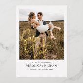 写真モダンの日付を保存結婚する |実在金ゴールド 箔招待状 (正面)