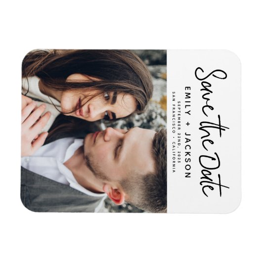 写真モダンの白い日付を保存 マグネット (横)