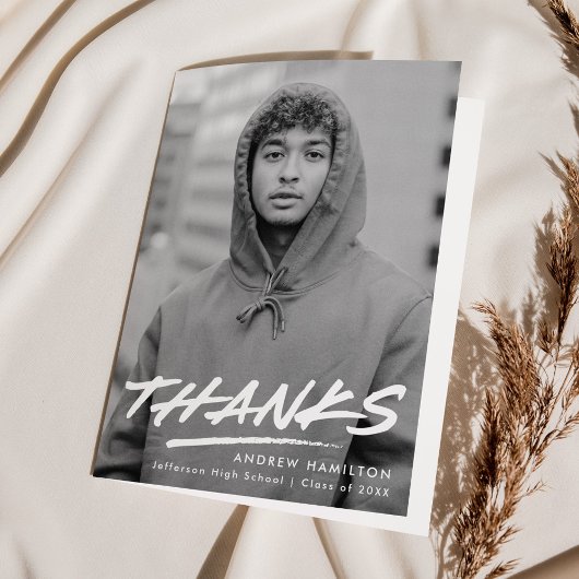 写真モダンの破線の卒業 サンキューカード