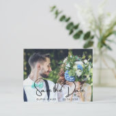 写真モダンの結婚式のスクリプトの日付の保存 ポストカード (スタンド正面)