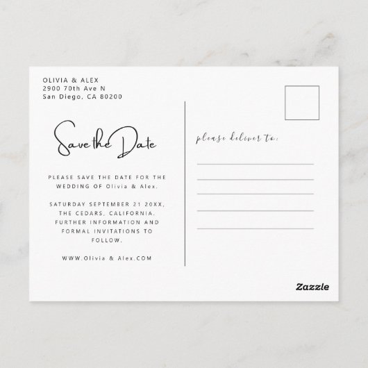 写真モダンの結婚式のスクリプトの日付の保存 ポストカード (裏面)