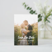 写真モダンの結婚式のスクリプトの日付の保存 案内ポストカード (スタンド正面)