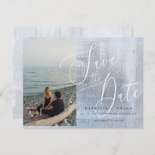写真モダンの結婚式のスクリプトの日付の保存 案内ポストカード (正面/裏面)