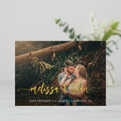 写真モダンの結婚式のスクリプトの日付の保存 箔招待状 (立ち正面)