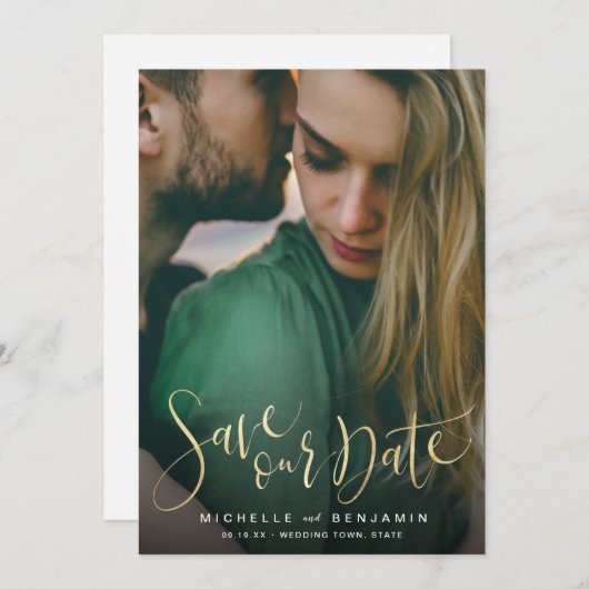 写真モダンの結婚式のスクリプトの日付を保存 セーブザデート (正面/裏面)