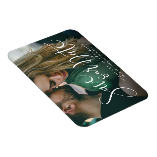 写真モダンの結婚式のスクリプトの日付を保存 マグネット (右側)