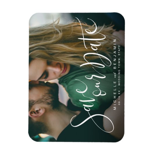 写真モダンの結婚式のスクリプトの日付を保存 マグネット (縦)