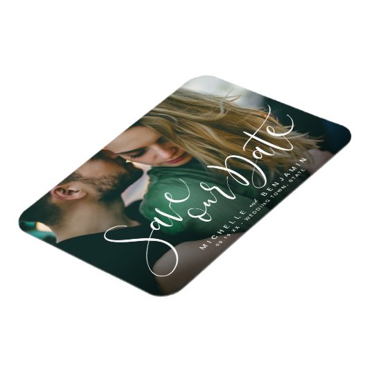 写真モダンの結婚式のスクリプトの日付を保存 マグネット (左側)