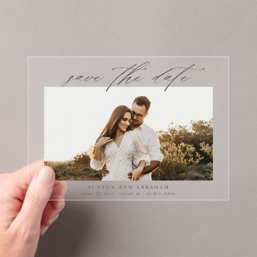 写真モダンの結婚式のスクリプト日付の保存 アクリル招待状 (インサイチュ (ポータブル))