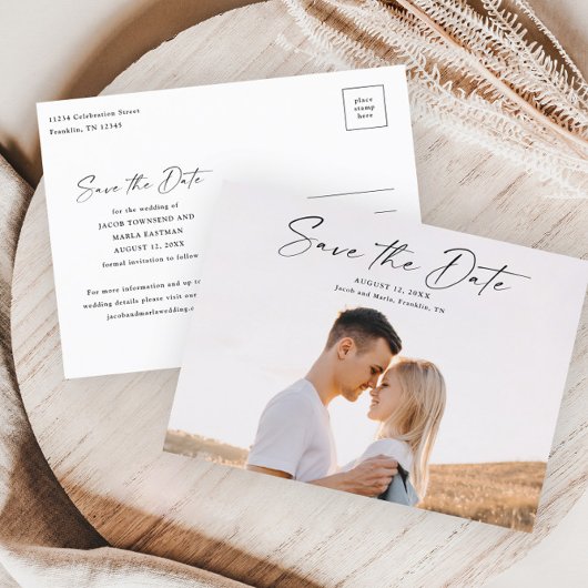 写真モダンの結婚式のスクリプト日付の保存 案内ポストカード