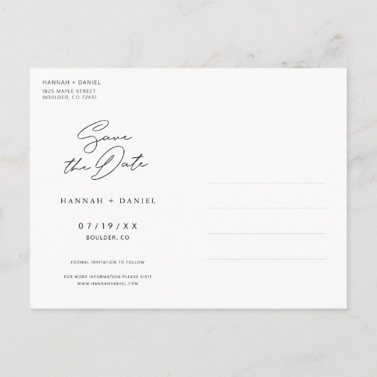 写真モダンの結婚式の招待テンプレートの保存 インビテーションポストカード (裏面)