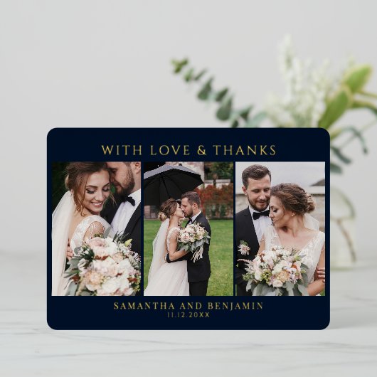 写真モダンの結婚感謝ゴールドフォイルカード 箔招待状 (立ち正面)