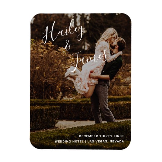 写真モダンの結婚手書きスクリプトオーバーレイ マグネット (縦)