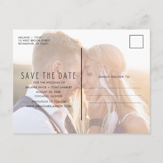 写真モダンの結婚無料ドリンク日付の保存  案内ポストカード (裏面)