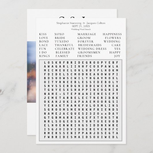 写真モダンの結婚Word Search日付を保存 – GR 招待状 (正面/裏面)