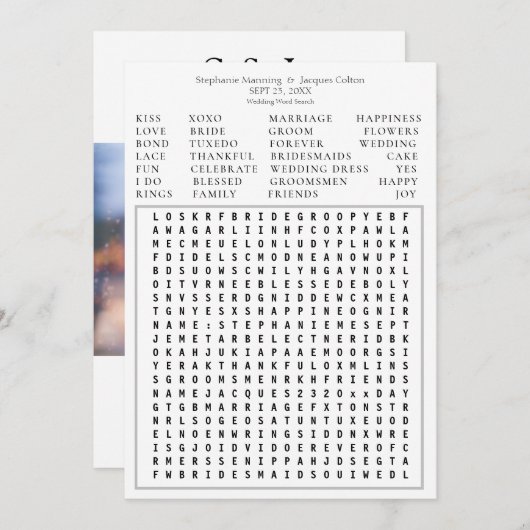 写真モダンの結婚Word Search Date-W2を保存 招待状 (正面/裏面)