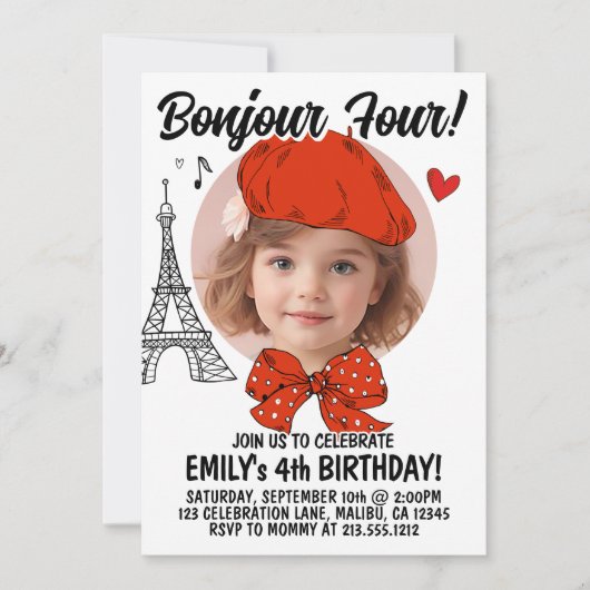 写真モダンの追加 | 子供の誕生日フランスのボンジュール 招待状 (正面)