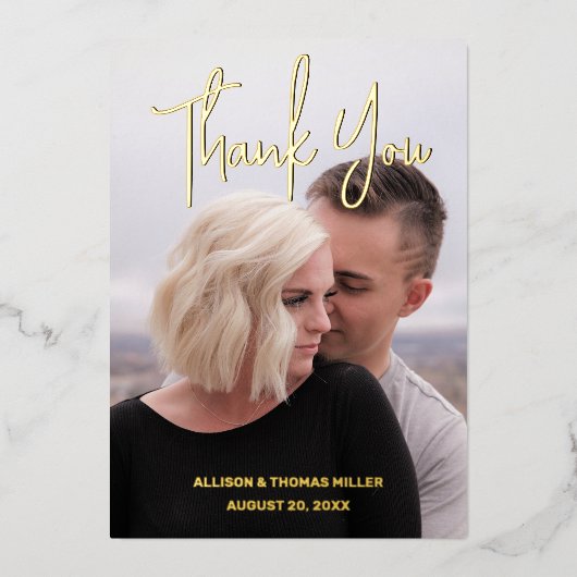 写真モダンの金結婚箔サンキューカード 箔招待状 (正面)