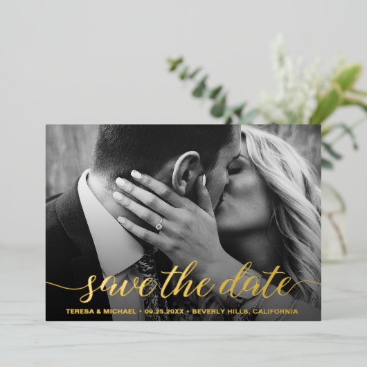 写真モダンの金結婚箔実在の保存 箔シーズンカード (立ち正面)