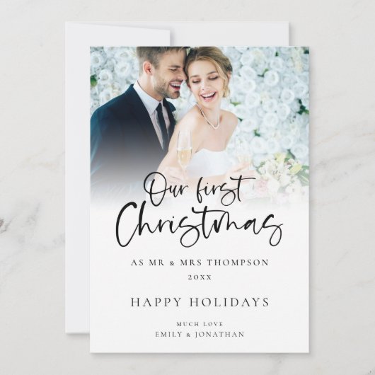 写真モダンは私たちの初めてのクリスマスミセスさんオーバーレイ シーズンカード (正面)