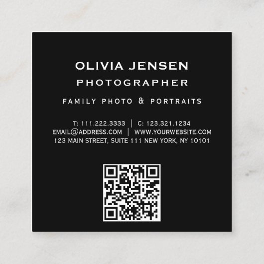 写真モダンエレガントコラージュ写真家qrコード スクエア名刺 (裏面)