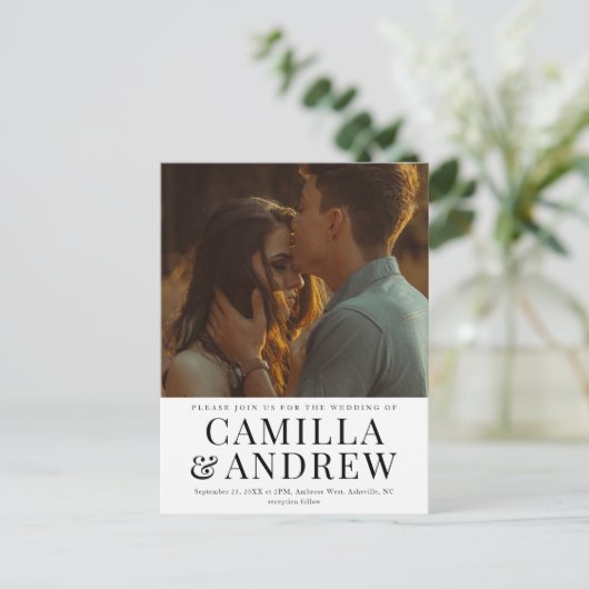 写真モダンエレガントスタイリッシュ結婚の インビテーションポストカード (スタンド正面)