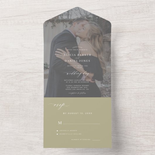 写真モダンエレガントセージ緑の結婚式RSVP オールインワン招待状 (内側)