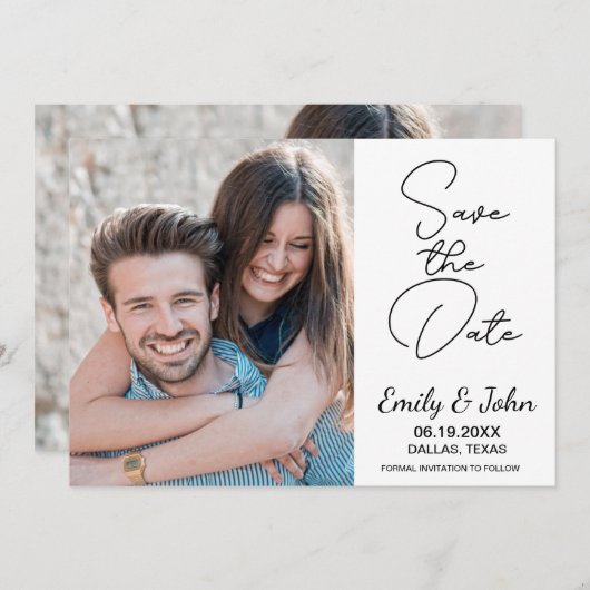 写真モダンエレガント手書き結婚の セーブザデート (正面/裏面)