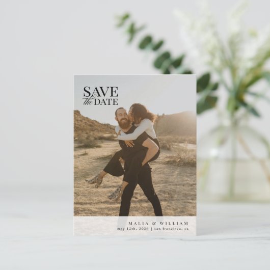 写真モダンエレガント日付の保存 ポストカード (スタンド正面)