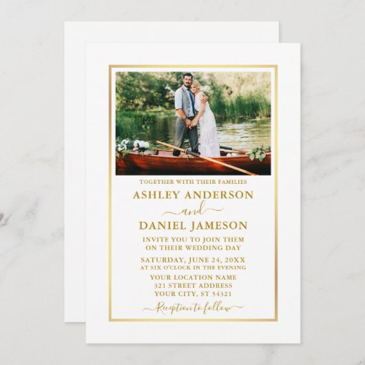 写真モダンエレガント金ゴールド結婚の 招待状 (正面/裏面)