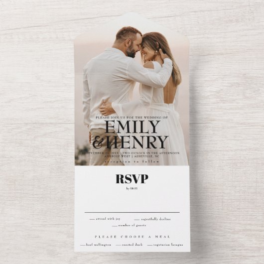 写真モダンエレガントRSVP結婚の オールインワン招待状 (内側)
