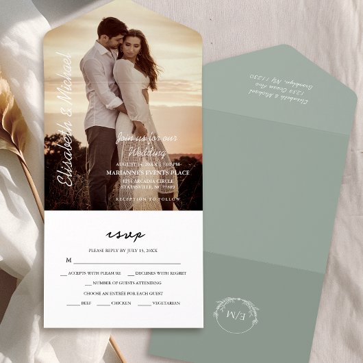 写真モダンエレガントSage Green結婚の オールインワン招待状