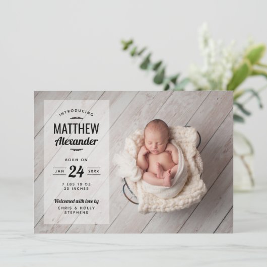 写真モダンオーバーレイ男の赤ちゃん誕生発表 案内状 (スタンド正面)