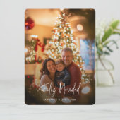 写真モダンオーバーレイFeliz Navidadクリスマスレッド シーズンカード (スタンド正面)