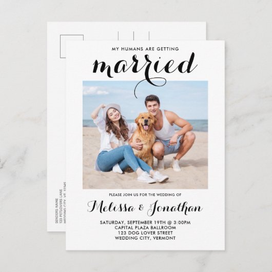 写真モダンカスタムドッグペット結婚ズ インビテーションポストカード (正面/裏面)