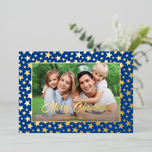 写真モダンクリスマエレガントスの金ゴールド星海軍の青 箔シーズンカード (立ち正面)