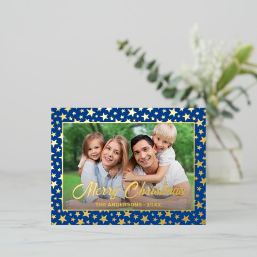 写真モダンクリスマエレガントスの金ゴールド星海軍の青 箔シーズンポストカード (立ち正面)